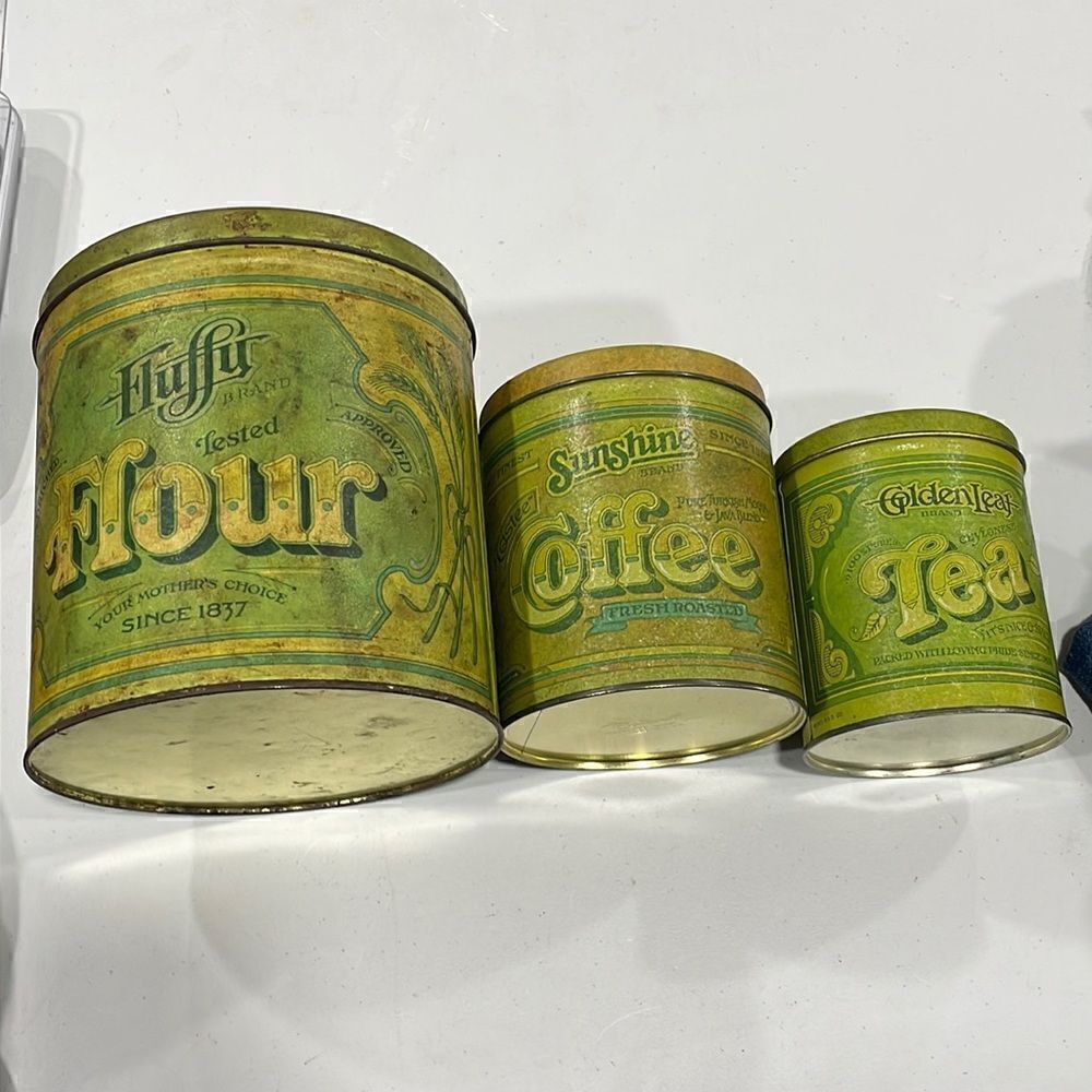 Vintage Ballanoff Set of 3 Nesting Tins Flour Tea Coffee Golden leaf sunshine